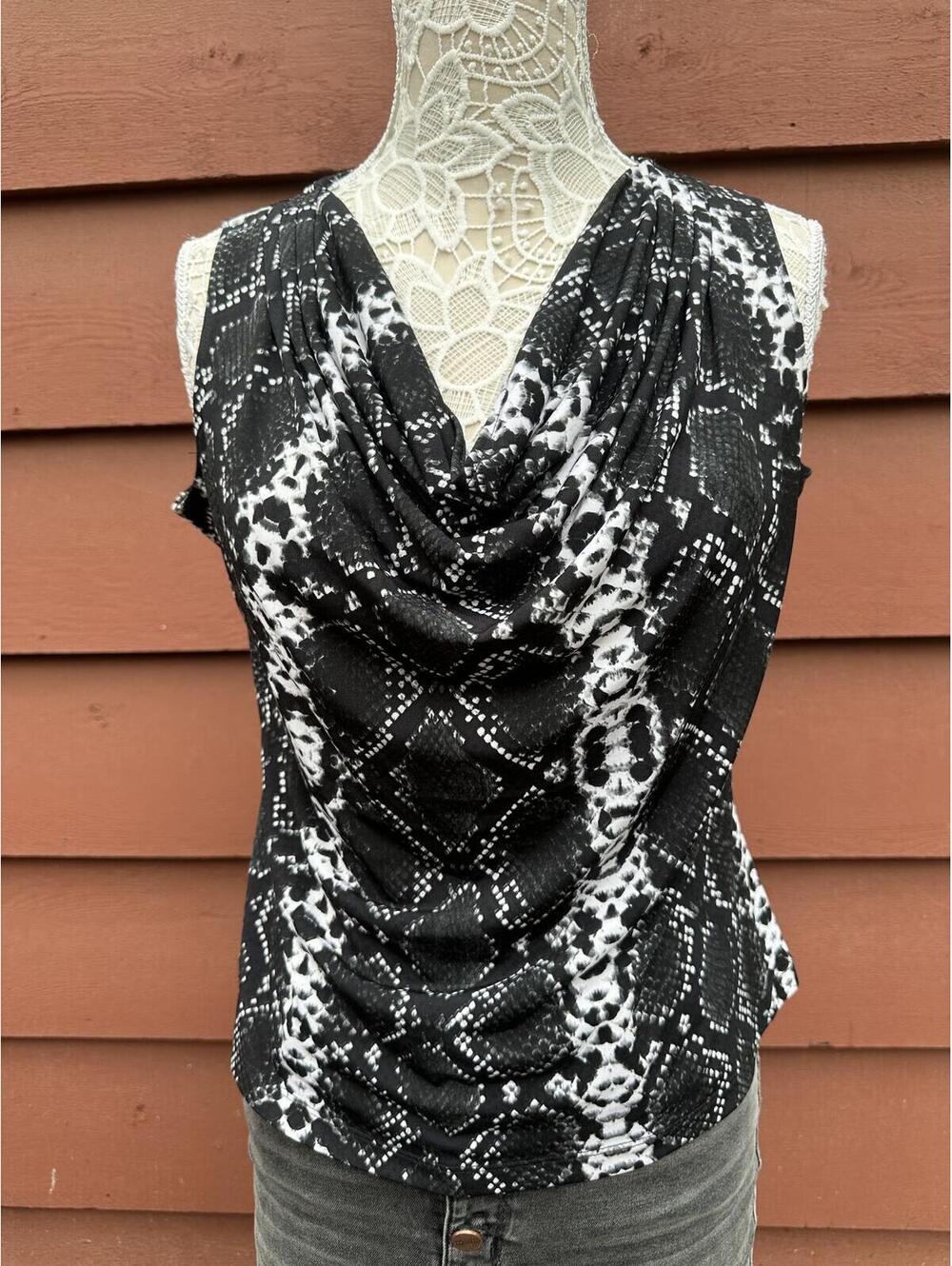 Calvin Klein Black and White Snake Print Cowl Neck Tank Top